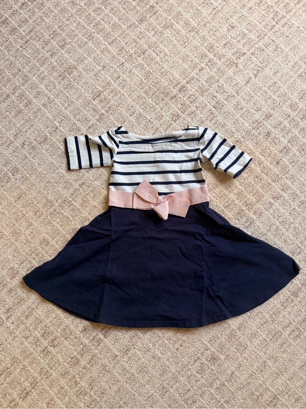 Navy Stripe & Pink Bow Casual Girls Dress